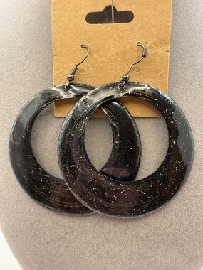 Oversized Boho Hoop Earrings Black Resin Speckled Statement Dangle